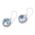 Blue topaz dangle earrings, 'Iridescent Circles' - Round Blue Topaz and Silver Dangle Earrings from Bali