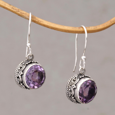 Circular Amethyst and Silver Dangle Earrings from Bali - Iridescent ...