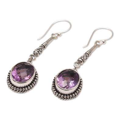 Amethyst dangle earrings, 'Temple Translucence' - Oval Amethyst and Silver Dangle Earrings from Bali