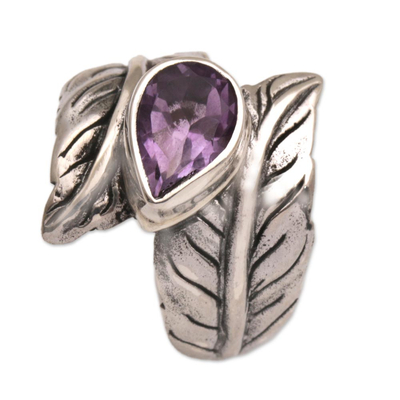 Amethyst cocktail ring, 'Leafy Caress' - Amethyst and Silver Leaf Design Cocktail Ring from Bali