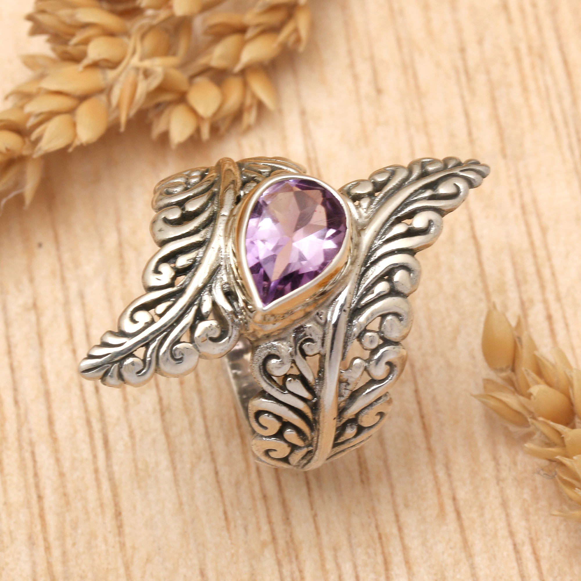 Amethyst and Sterling Silver Fern Cocktail Ring from Bali - Ferny