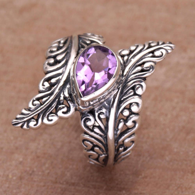 Amethyst cocktail ring, 'Ferny Caress' - Amethyst and Sterling Silver Fern Cocktail Ring from Bali