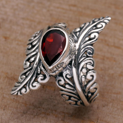 Garnet cocktail ring, 'Ferny Caress' - Garnet and Sterling Silver Fern Cocktail Ring from Bali