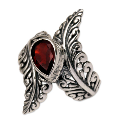 Garnet cocktail ring, 'Ferny Caress' - Garnet and Sterling Silver Fern Cocktail Ring from Bali