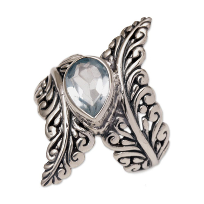 Blue topaz cocktail ring, 'Ferny Caress' - Blue Topaz and Sterling Silver Fern Cocktail Ring from Bali