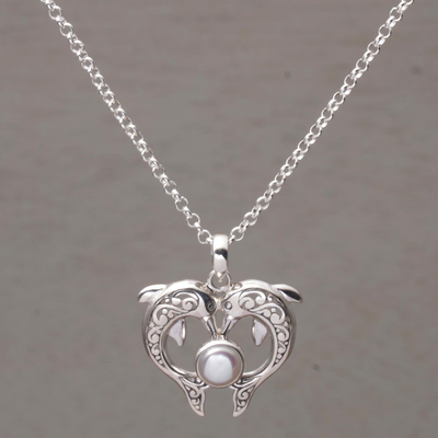 Cultured pearl pendant necklace, 'Dolphin Gift' - Cultured Pearl Dolphin Pendant Necklace from Bali