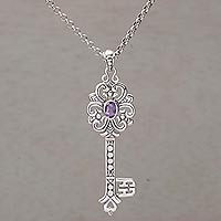 Amethyst pendant necklace, 'Majestic Key' - Amethyst and 925 Silver Key Pendant Necklace from Bali