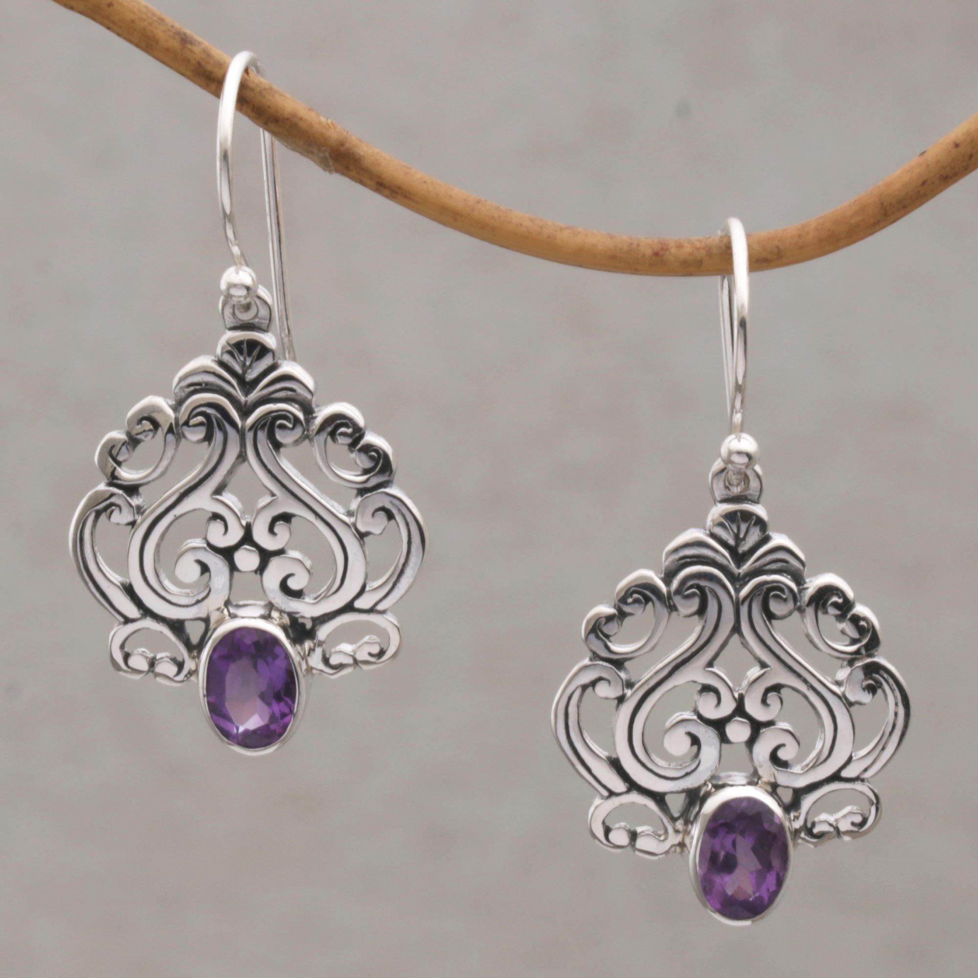 Amethyst and Sterling Silver Dangle Earrings from Bali - Jeweled ...