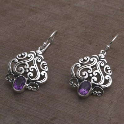 Amethyst dangle earrings, 'Jeweled Mystery' - Amethyst and Sterling Silver Dangle Earrings from Bali