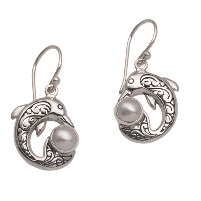Cultured pearl dangle earrings, 'Dolphin Gift' - Cultured Pearl Dolphin Dangle Earrings from Bali