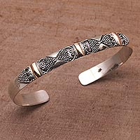 Gold accent sterling silver cuff bracelet, 'Sands Through the Hourglass' - Gold Accent Sterling Silver Dot Heart Motif Cuff Bracelet
