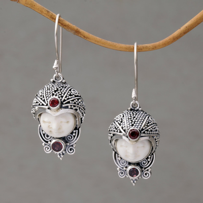 Garnet dangle earrings, 'Celuk Prince' - Garnet and Cow Bone Sterling Silver Celuk Dangle Earrings