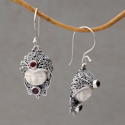 Garnet dangle earrings, 'Celuk Prince' - Garnet and Cow Bone Sterling Silver Celuk Dangle Earrings