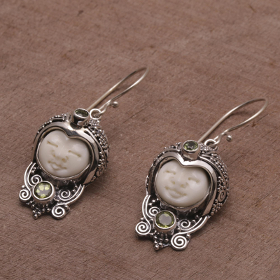 Peridot dangle earrings, 'Celuk Prince' - Peridot and Cow Bone Sterling Silver Celuk Dangle Earrings