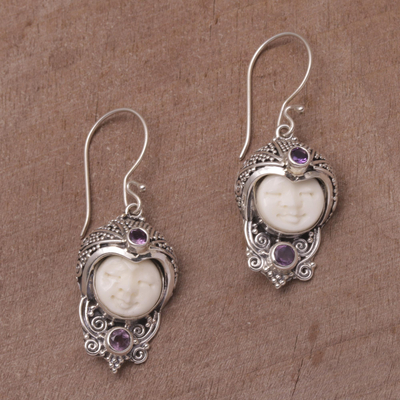 Amethyst dangle earrings, 'Celuk Prince' - Amethyst and Cow Bone Sterling Silver Celuk Dangle Earrings