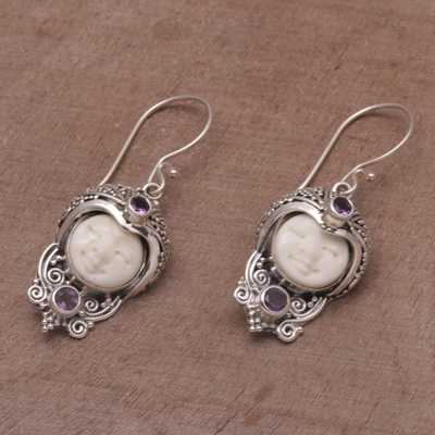 Amethyst dangle earrings, 'Celuk Prince' - Amethyst and Cow Bone Sterling Silver Celuk Dangle Earrings