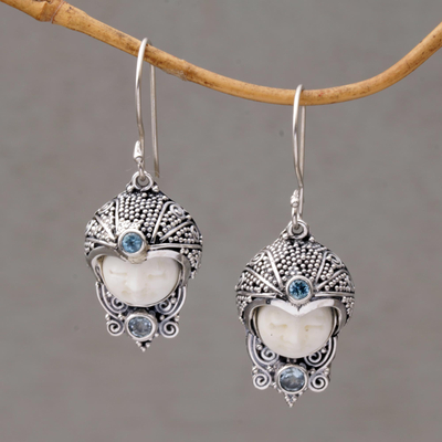 Blue topaz dangle earrings, 'Celuk Prince' - Blue Topaz and Cow Bone Sterling Silver Dangle Earrings
