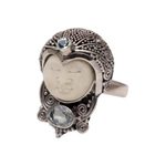Blue topaz cocktail ring, 'Celuk Prince' - Blue Topaz and Carved Bone Sterling Silver Celuk Ring
