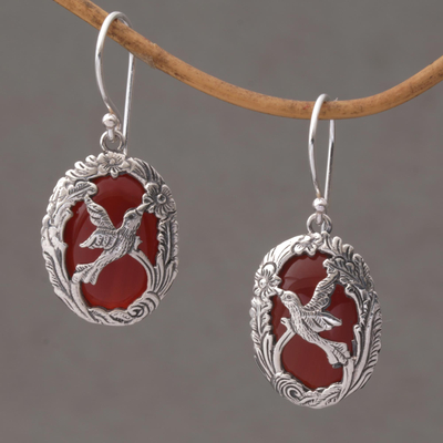 Carnelian dangle earrings, 'Nature's Freedom' - Carnelian and Sterling Silver Hummingbird Dangle Earrings