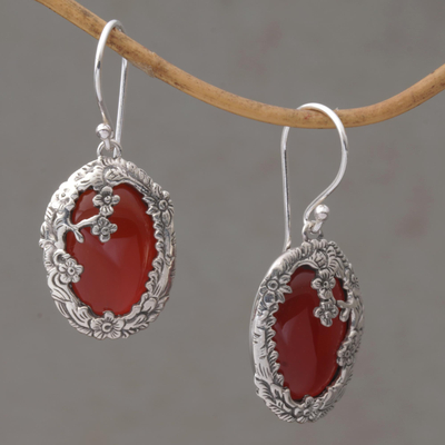 Carnelian dangle earrings, 'Dreamy Forest' - Carnelian and Sterling Silver Floral Dangle Earrings