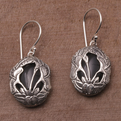 Onyx dangle earrings, 'Floral Plains' - Balinese Onyx and Sterling Silver Calla Lily Dangle Earrings