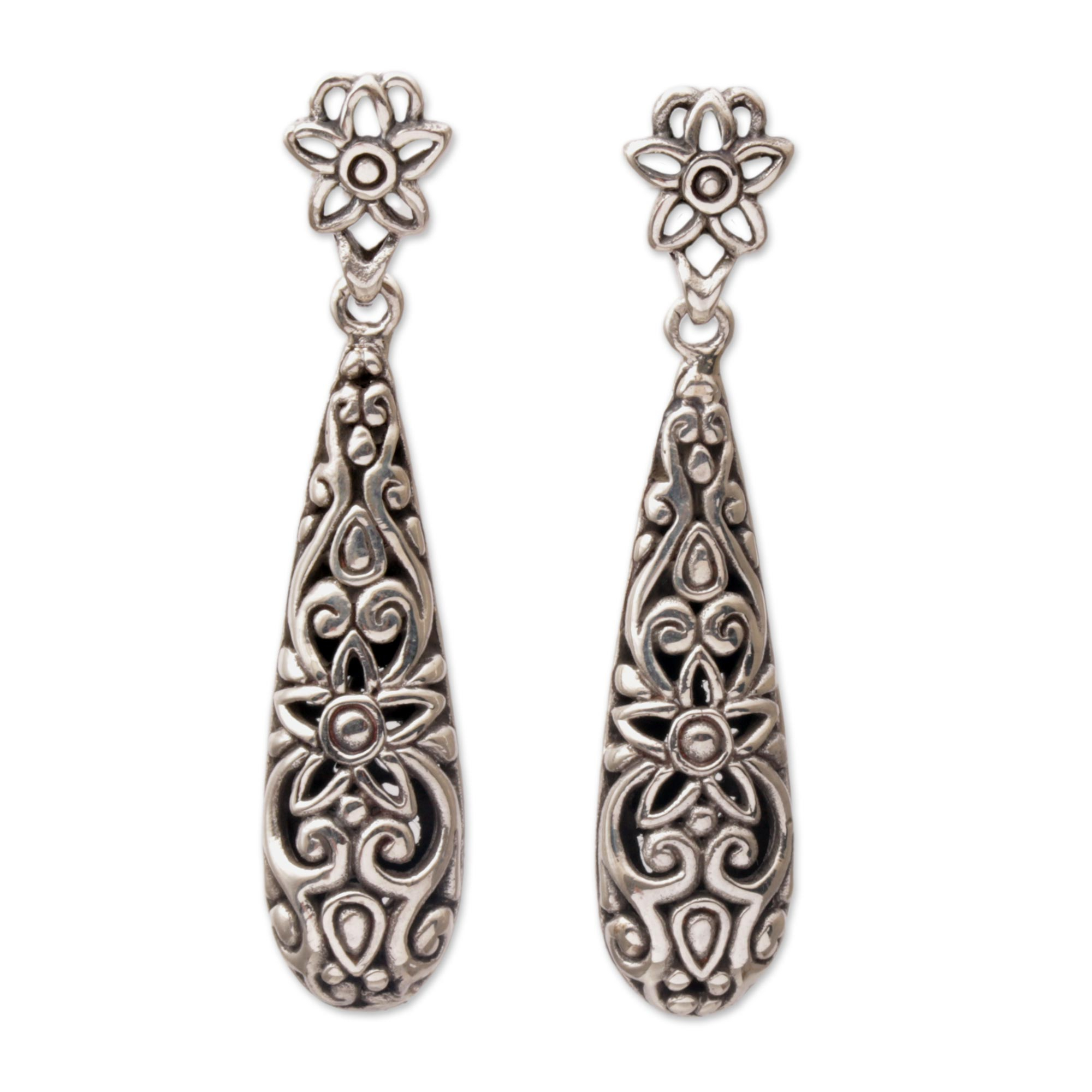 Sterling Silver Floral Drop Dangle Earrings from Bali - Unforgettable ...