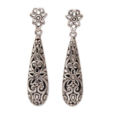 Sterling silver dangle earrings, 'Unforgettable Drops' - Sterling Silver Floral Drop Dangle Earrings from Bali