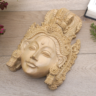 Wood mask, 'Crowned Princess Sita' - Artisan Hand-Carved Wooden Princess Sita Mask from Bali