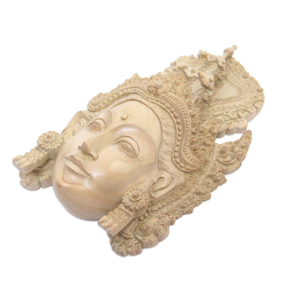 Wood mask, 'Sri Goddess' - Artisan-Handcarved Wooden Goddess Dewi Sri Mask from Bali