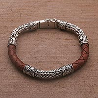 Mens sterling silver and leather bracelet, Royal Weave in Brown