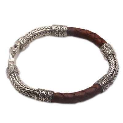 Men's sterling silver and leather bracelet, 'Royal Weave in Brown' - Men's Sterling Silver and Leather Bracelet in Brown
