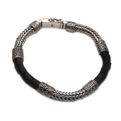 Men's Sterling Silver and Leather Bracelet in Black - Royal Weave in ...