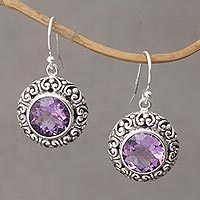 Amethyst dangle earrings, 'Swirling Dew' - Amethyst and Sterling Silver Dangle Earrings from Bali