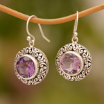 Amethyst dangle earrings, 'Swirling Dew' - Amethyst and Sterling Silver Dangle Earrings from Bali