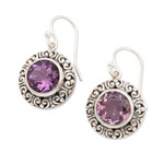 Amethyst dangle earrings, 'Swirling Dew' - Amethyst and Sterling Silver Dangle Earrings from Bali