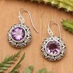 Amethyst dangle earrings, 'Swirling Dew' - Amethyst and Sterling Silver Dangle Earrings from Bali