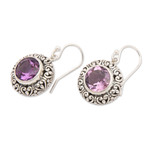 Amethyst dangle earrings, 'Swirling Dew' - Amethyst and Sterling Silver Dangle Earrings from Bali