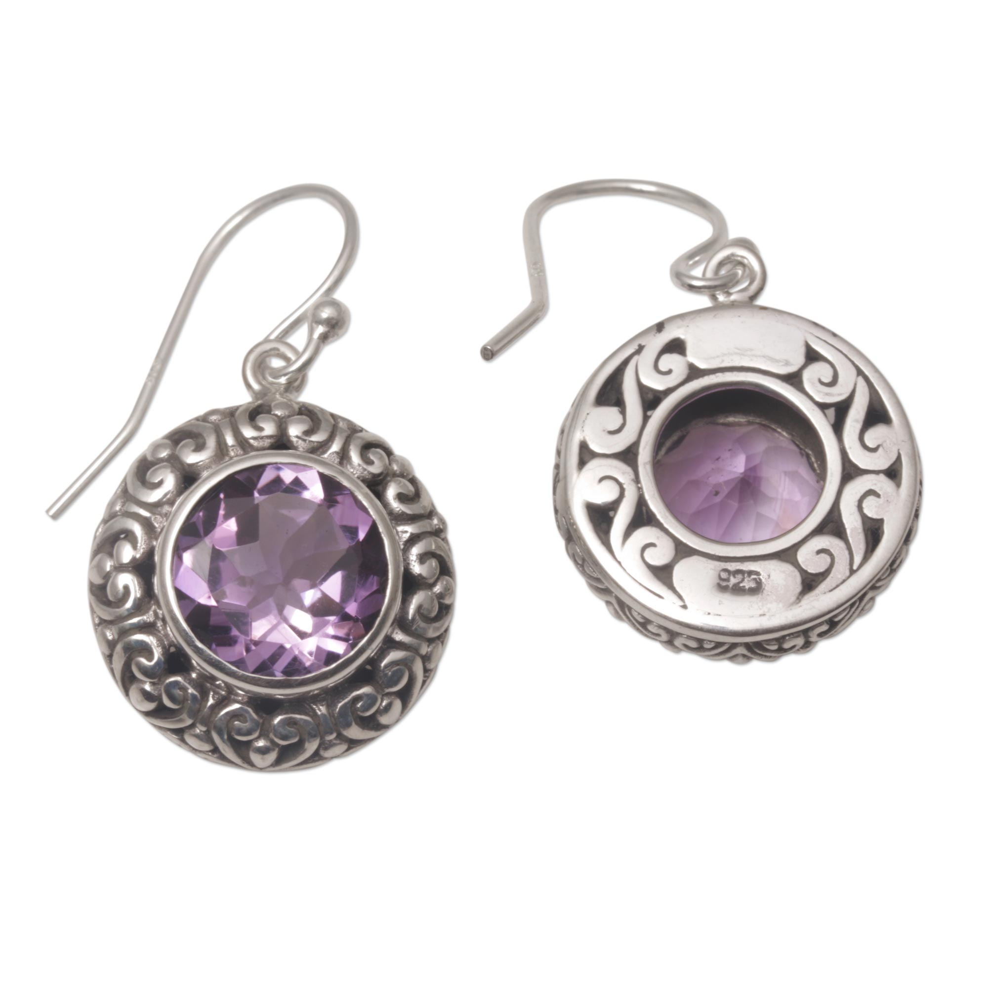 Amethyst and Sterling Silver Dangle Earrings from Bali - Swirling Dew ...