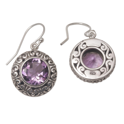 Amethyst dangle earrings, 'Swirling Dew' - Amethyst and Sterling Silver Dangle Earrings from Bali