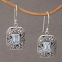 Gold accented blue topaz dangle earrings, 'Daisy Queen' - Gold Accent Floral Blue Topaz Dangle Earrings from Bali