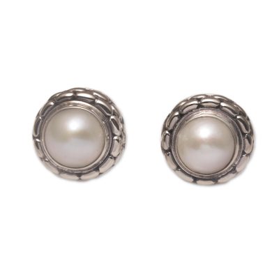 Cultured pearl button earrings, 'Moonlight Pebbles' - Cultured Pearl and Sterling Silver Button Earrings from Bali