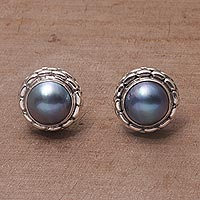 Cultured pearl button earrings, 'Eclipse Pebbles' - Cultured Pearl and 925 Silver Button Earrings from Bali
