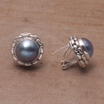 Cultured pearl button earrings, 'Eclipse Pebbles' - Cultured Pearl and 925 Silver Button Earrings from Bali