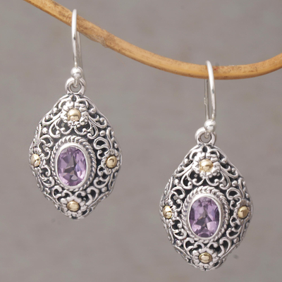 Gold accent amethyst dangle earrings, 'Floral Dew' - Gold Accent Amethyst Floral Dangle Earrings from Bali