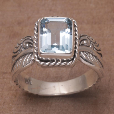 Blue topaz single stone ring, 'Razorleaf' - Blue Topaz Leaf-Themed Single Stone Ring from Bali