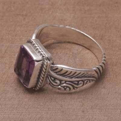 Amethyst single stone ring, 'Razorleaf' - Amethyst Leaf-Themed Single Stone Ring from Bali