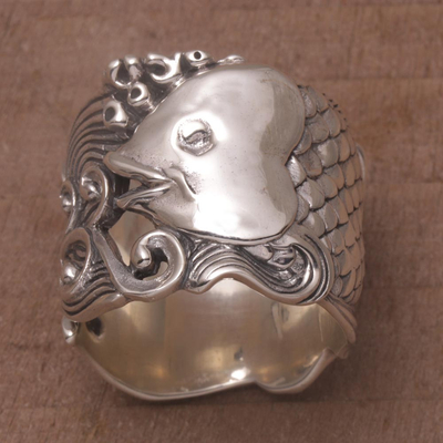 Sterling silver band ring, 'Guardian Koi' - Sterling Silver Fish-Themed Band Ring from Bali