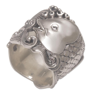 Sterling silver band ring, 'Guardian Koi' - Sterling Silver Fish-Themed Band Ring from Bali
