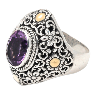 Gold-accented amethyst cocktail ring, 'Floral Mystique' - Gold-accented Amethyst Floral Cocktail Ring from Bali