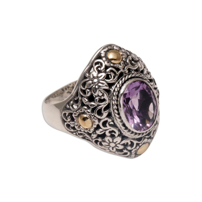 Gold-accented amethyst cocktail ring, 'Floral Mystique' - Gold-accented Amethyst Floral Cocktail Ring from Bali